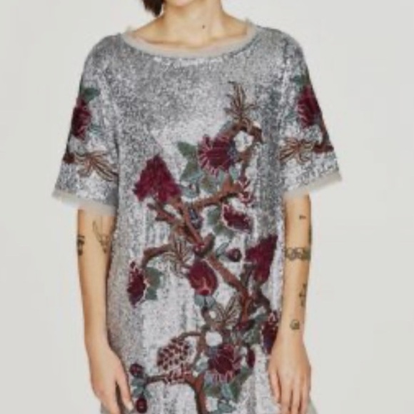 🩶Zara Silver Sequin L Floral Embroidered dress ASO Alexis Rose Schitts Creek - Picture 2 of 16